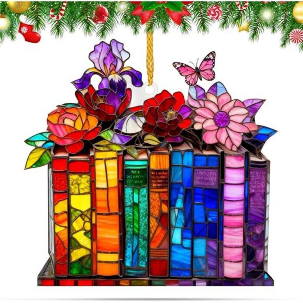Acrylic Book Ornament Stained Glass Style Window Hanging for Book Lovers